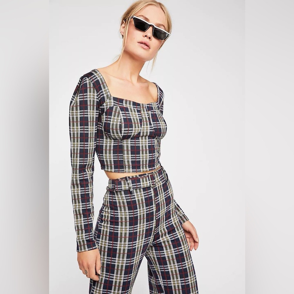 NWOT Free People Set - Plaid Crip top and pants with belt!